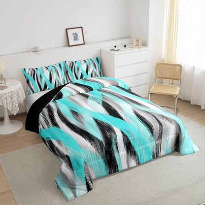 Erosebridal Geometric Turquoise Comforter Twin Modern Abstract Comforter Set Black Grey Teal Bedding Set for Kids Boys Girls Swirl Stripes Quilt Duvet Room Decor 2 Pcs