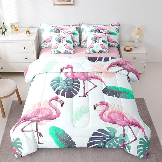 Erosebridal Girls Kids Flamingo Animal Pink Green King 7-Piece Comforter Set | Tropical Leaves Sheets and Pillowcases Botanical Bed in A Bag Women Kids Bed Sets