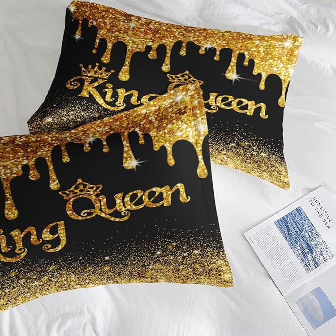 Comforter Set King Size, King Queen Black Gold Crown 7 Pcs Bedding for Kids and Adults, Royal Love Bed Sheet Sets with Fitted Sheet 2 Pillowcases & 2 Shams for Bedroom Bed Decor