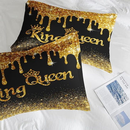 Comforter Set King Size, King Queen Black Gold Crown 7 Pcs Bedding for Kids and Adults, Royal Love Bed Sheet Sets with Fitted Sheet 2 Pillowcases & 2 Shams for Bedroom Bed Decor