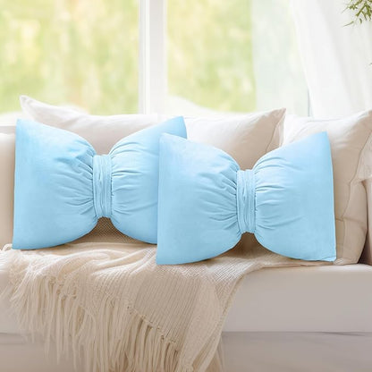 Blue 2 Pcs Bow Pillow 12 x 18 Inch Coquette Throw Pillows Large Bow Shaped Velvet Cushion Coquette Decorative for Girls Room Bed Sofa Couch Car Decorations