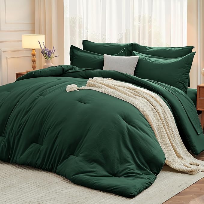MUXHOMO 7 Pieces Queen Comforter Set, Soft Bed in a Bag Queen Size, All Season Bedding Set with Comforter, Flat Sheet, Fitted Sheet, Pillowcases & Shams, Dark Emerald Green