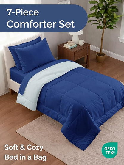 Twin XL Comforter Set - 5 Piece Bed in a Bag Twin XL Size Bed Set - Down Alternative Comforter, Flat Sheet, Fitted Sheet, Pillowcase & Sham for All Seasons - Soft and Breathable - Navy Blue/Sky Blue