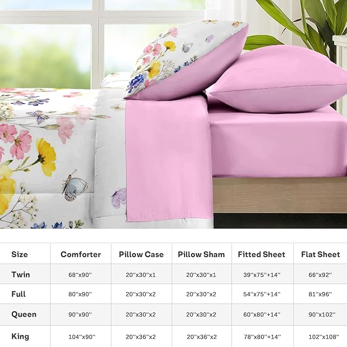 Nesker 7 Pcs Spring Comforter Set King Size, Pink Yellow Floral Bedding Set for Kids and Adults, Colorful Butterfly Bed Sheet Sets with Fitted Sheet 2 Pillowcases & 2 Shams