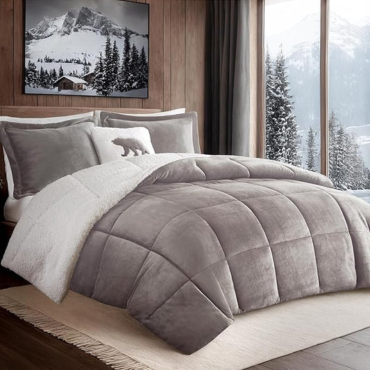 Woolrich Reversible Comforter Set Ultra Soft Plush to Sherpa, Down Alternative, Cold Weather Winter Warm Bedding, with Matching Sham, Decorative Pillow Grey/Ivory King 3 Piece