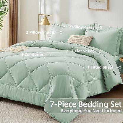 FUANNA 7 Pieces Full Size Comforter Sets, All Season Bedding Sets Full Size, Luxury Soft Bed in a Bag with Comforter, Flat Sheet, Fitted Sheet, Pillowcases & Pillow Shams, Sage Green