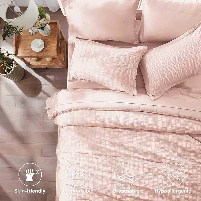 Zzlpp Queen Comforter Set 7 Pieces, Pink Seersucker Bed in a Bag with Comforter and Sheets, All Season Bedding Sets with 1 Comforter, 2 Pillow Shams, 2 Pillowcases, 1 Flat Sheet
