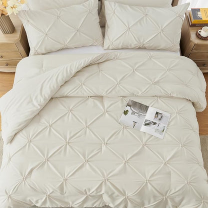 UNIKOME King Size Comforter Set Beige - Ultra Soft Boho Pintuck Cream Down Alternative Bedding Set for All Seasons, 3 Pieces Lightweight Warm Pinch Pleat Bed Set with Comforter, 2 Pillowcases