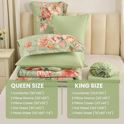 King Size Comforter Set - 7 Pieces Floral Comforter and Sheet Set, Green King Size Bed in a Bag, Soft Microfiber Flower Complete Bedding Set for All Seasons（Green,104"x90"）