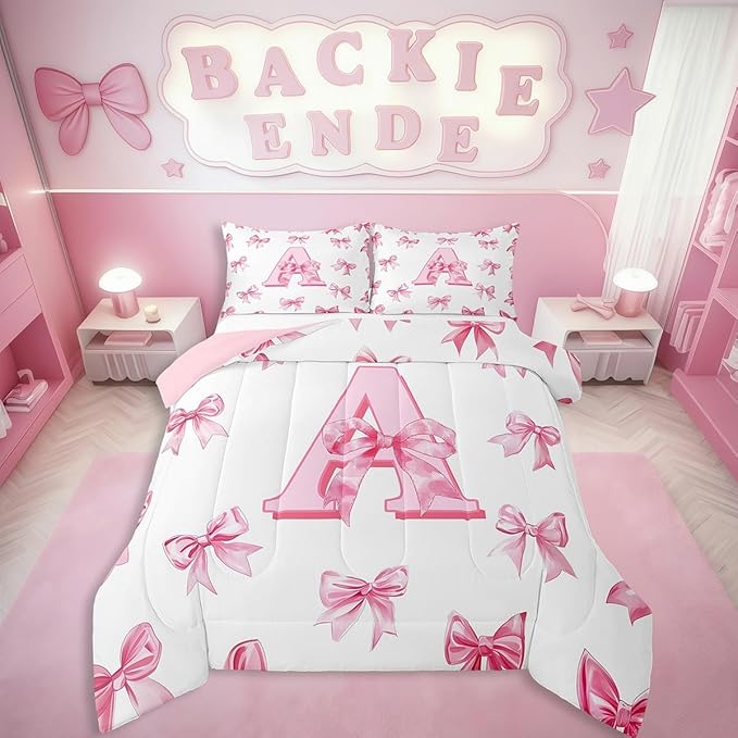 Erosebridal Initial Letter A Comforter Set Pink Bow Girls Full Bedding Set Kawaii Girly Bowknot Bedding Comforter Sets Princess Style Romantic Bow Bed Set for Kids Teen Women