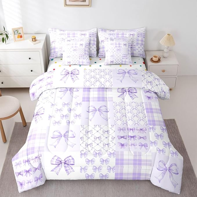 Feelyou Purple Bow Comforter Set with Sheets 7 Piece Full Size Cute Bowknot Bed in a Bag Kids Boys Girls Bow Plaid Grid Bedding Set Princess Decor Bedroom Decor Breathable Soft Microfiber