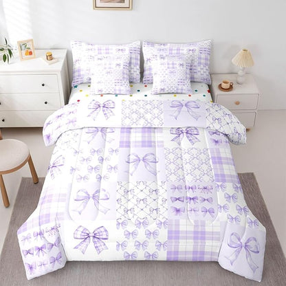 Feelyou Purple Bow Comforter Set with Sheets 7 Piece Full Size Cute Bowknot Bed in a Bag Kids Boys Girls Bow Plaid Grid Bedding Set Princess Decor Bedroom Decor Breathable Soft Microfiber