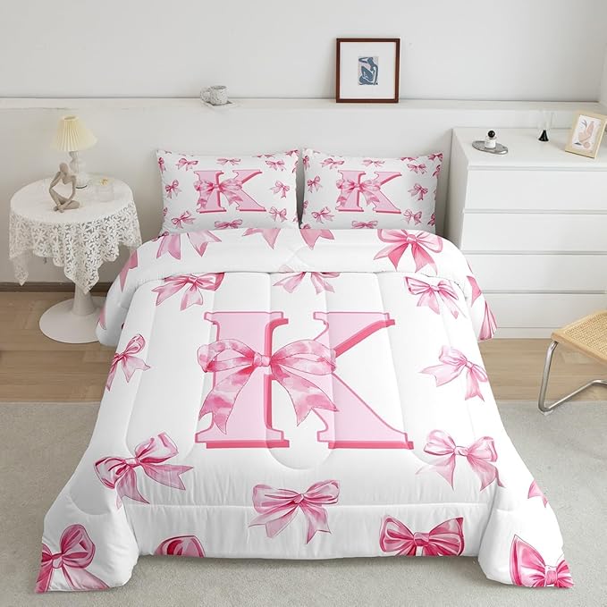 Erosebridal Initial Letter K Bow Bedding Set for Kids Girls Teen Women,Pink Girly Bowknot Bedding Comforter Sets Full Cute Fantasy Princess Comforter Set Kawaii Watercolor Bow Quilt Duvet