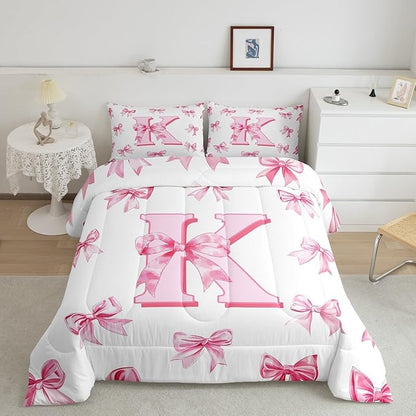 Erosebridal Initial Letter K Bow Bedding Set for Kids Girls Teen Women,Pink Girly Bowknot Bedding Comforter Sets Full Cute Fantasy Princess Comforter Set Kawaii Watercolor Bow Quilt Duvet