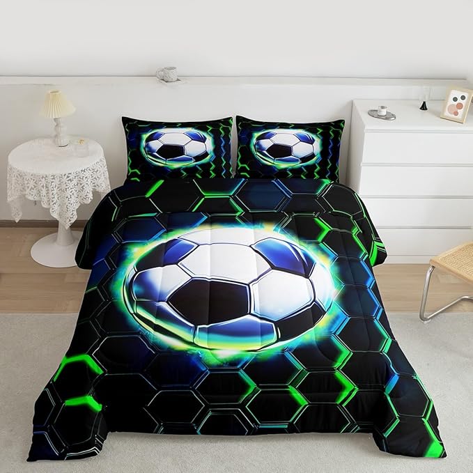 Football Comforter Set Full Size,Soccer Game Ball Sports Kids Bedding Set,Geometric Honeycomb Hexagon Quilt Comforter,Black Green Duvet Insert,2 Pillowcases