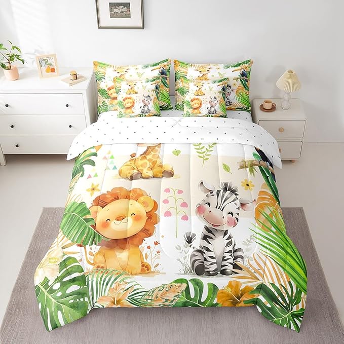 jejeloiu Kids Zoo Animal 7 Piece Bedding Set King Size Cute Animal Comforter Set with Sheets for Boys Girls Teens Lion Giraffe Elephant Bed in a Bag Tropical Leaves Bed Set