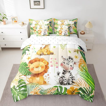 jejeloiu Kids Zoo Animal 7 Piece Bedding Set King Size Cute Animal Comforter Set with Sheets for Boys Girls Teens Lion Giraffe Elephant Bed in a Bag Tropical Leaves Bed Set