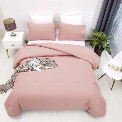 Cottonight Pink Comforter Set Queen Women Girls Blush Pink Bedding Set Full Quilts Blanket Solid Color Dusty Rose Comforter Set