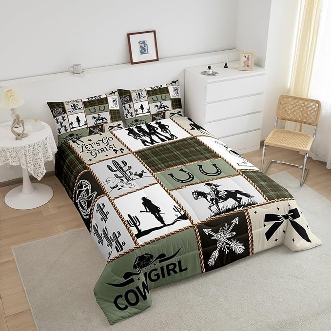Western Cowgirl Comforter Set Full Size,Cactus Horseshoe Cow Skull Rustic Farmhouse Bedding Set,Girls Women Room Decor,Bow Arrow Patchwork Down Comforter,Camo Country Duvet Insert,2 Pillowcases