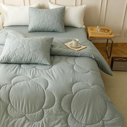 CLOTHKNOW Grayish Blue California King Comforter Set 3Pcs Daisy Puff Bedding Comforter Sets Dusty Blue Floral Comforter Light Blue Comforter Sets
