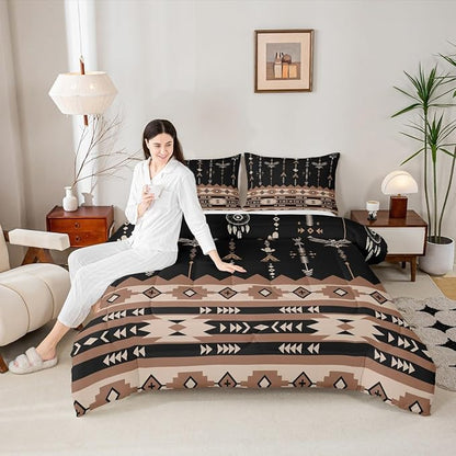 Feelyou Black Brown Southwestern Aztec Bedding Set Full Size Boho Western Comforter Set Boys Girls Vintage Geometric Tribal Duvet Quilt
