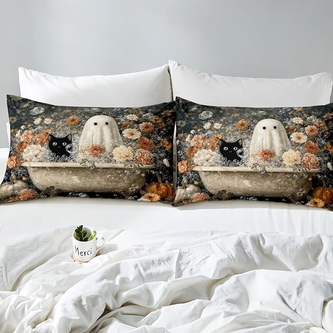 Erosebridal Halloween Vintage Ghost King Size Comforter Set, Boho Floral Boho Bathtub Bedding Set for Kids Boys Girls Halloween Bedroom, Mystical Ghost Cat Comforter, Spooky Bubble Bath Art Quilt