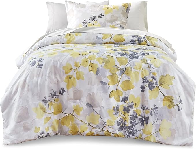 Madison Park Bed in A Bag - Trendy Casual Design Cozy Comforter with Complete Sheet Set with Side Pocket, All Season Cover, Matching Shams, Twin, Alexis, Leaf Yellow 6 Piece