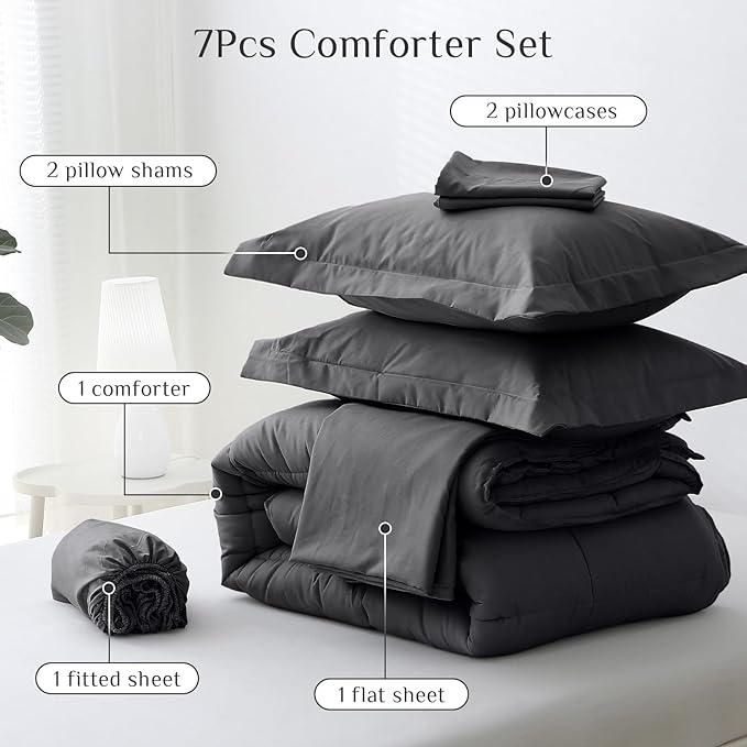JOLLYVOGUE California King Comforter Set, Ultra-Soft Bed in a Bag Cal King Size 7 Pieces, Oeko-TEX Certified Bedding Set with Down Alternative Comforter, Sheets, Pillowcases & Shams, Dark Grey