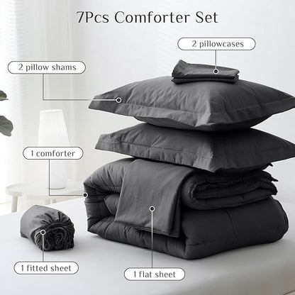 JOLLYVOGUE Oversized King Comforter Set, Ultra-Soft Bed in a Bag Oversized King Size 7 Pieces, Oeko-TEX Certified Bedding Set with Down Alternative Comforter, Sheets, Pillowcases & Shams, Dark Grey