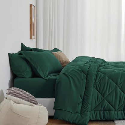 Love's cabin Twin Comforter Set Dark Green, 5 Pieces Twin Bed in a Bag, All Season Bedding Sets with 1 Comforter, 1 Flat Sheet, 1 Fitted Sheet, 1 Pillowcase and 1 Pillow Sham