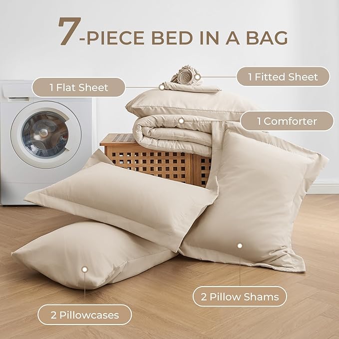 Sasttie Queen Comforter Set, Beige 7 Pieces Bed in a Bag Queen, Complete Bedding Set Includes Comforter, Flat Sheet, Fitted Sheet, Pillowcases and Pillow Shams, Beige