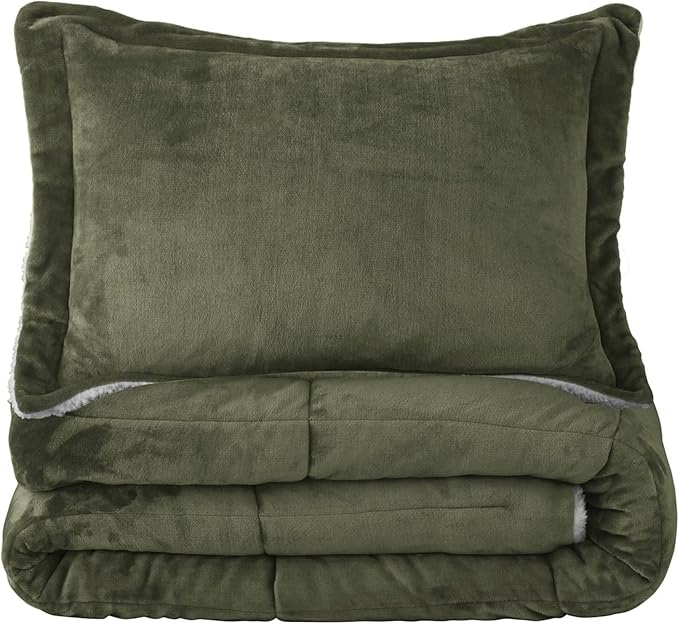 Seward Park Olive Green Sherpa Comforter Set Twin XL Size, All Season Soft Warm Fleece Fall Blanket, Winter College Dorm Bedding Sets with 1 Pillow Sham