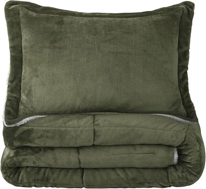 Seward Park Olive Green Sherpa Comforter Set Twin XL Size, All Season Soft Warm Fleece Fall Blanket, Winter College Dorm Bedding Sets with 1 Pillow Sham