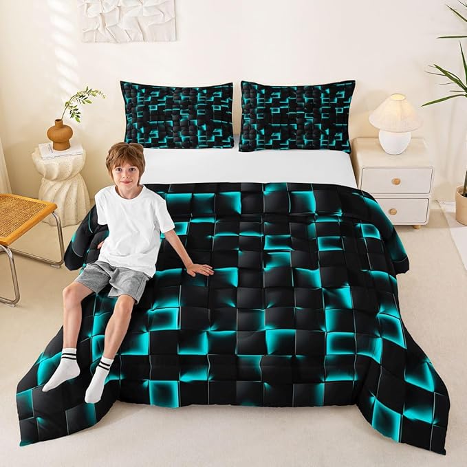 Erosebridal Neon Black Teal Boys Comforter Set Queen Geometric Checkered Turquoise Bedding Set for Kids Teen Men Gaming Room Decor,Abstract Ombre Plaid Comforter Grids Quilt Duvet