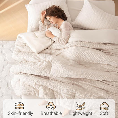 MUXHOMO 5 Pieces Twin XL Comforter Set, Seersucker Bed in a Bag Twin XL Size, All Season Luxury Bedding Set with Comforter, Flat Sheet, Fitted Sheet, Pillowcase & Sham, Beige