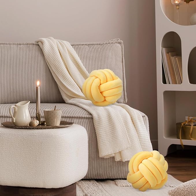 Namalu 2 Pcs Soft Knot Pillow Ball, Decorative Round Throw Knotted Pillows Cushion, Handmade Stuffed Ball Pillows for Winter Bedroom Sofa Couch Home Decor(7.87 Inches,Light Yellow)