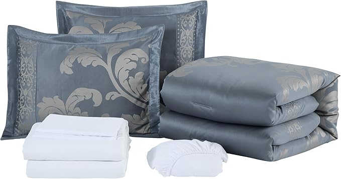 Chezmoi Collection Valor 7-Piece California King Bed in a Bag, Grayish Blue/Gray Luxury Jacquard Floral Comforter with Sheets Set for All Season