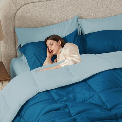 Anluoer Twin Comforter Set,Teal&Light Blue in a Bag 5 Piece,Lightweight Bedding Set with Soft Down Alternative Fill,Bed Set Includes Comforter, Fitted Sheet, Flat Sheet,Pillowcase and Sham