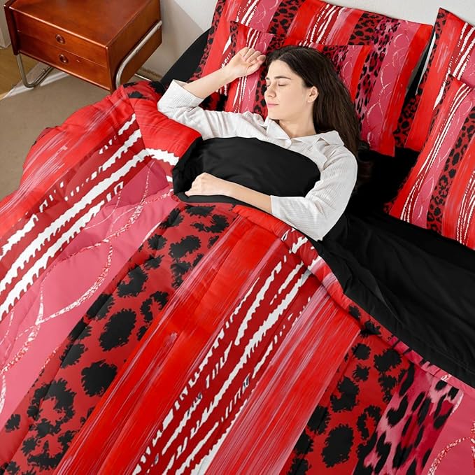 Erosebridal Cheetah Fur White Red Geometric Women Full Comforter Set 7 Pieces | Stripe Leopard Print Bed in A Bag for Bedroom Men Adults Bedding Set with Comforters Animal Skin Pattern Room Decor