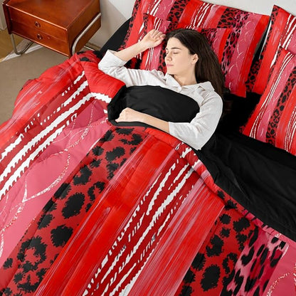 Erosebridal Cheetah Fur White Red Geometric Women Comforter Set Queen Size 7 Pieces | Stripe Leopard Print Bed in A Bag Men Adults Bed Set Animal Skin Pattern Bedding