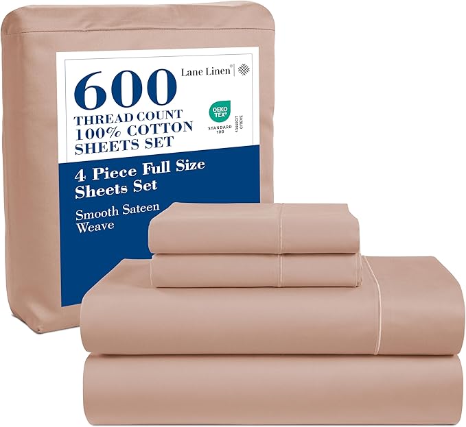 LANE LINEN 600 Thread Count Full Sheets Set 100% Mercerized Cotton, Soft and Comfy Sateen Weave, Luxury Hotel Style Thick Bed Sheets & Pillowcases Set, Machine Wash, Z Hem top Sheet - Sepia Rose