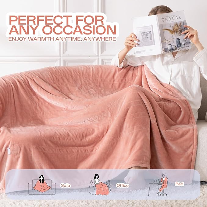 Full Size Electric Blanket Heated, Double-Sided Flannel＆Sherpa Heated Blanket with 8 Heat Levels & 10 Hours Auto Off, Fast Heating Blankets Machine Washable with ETL & FCC Certified, Pink