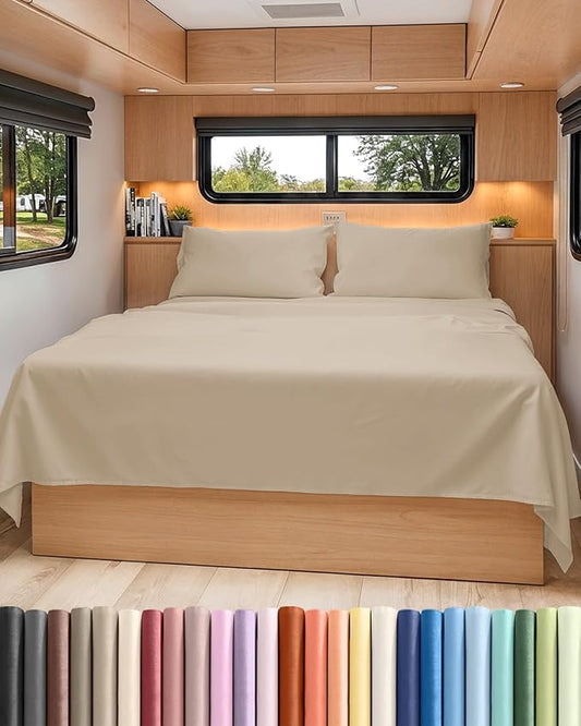 RV Short Queen Sheet Set 60 X 75 - 4 Piece RV Short Queen Bed Sheets - Soft, Breathable and Cooling - Designed for Bunks, Trailers & Campers - Fits 8” to 12" Mattress - Hotel Luxury Bedding - Cream