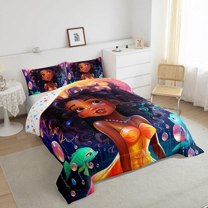 Afro-American Girl Twin Comforter Set for Little Girl,Afro Kid Princess Melanin Bedding Set,Ocean Fish Toddlers American Black Girls Quilt for Girls Bedroom