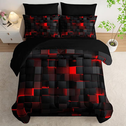 Geometric Red Black Queen Comforter Set,Light Honeycomb Bedding Set 7 Piece in A Bag,Bed Sheet Set Geometry Decor,Microfiber Lightweight All Season