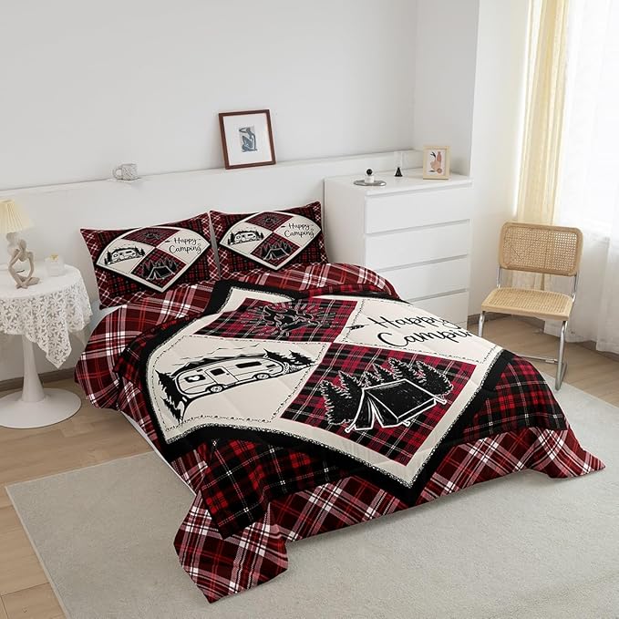 Feelyou Camper Comforter Set Queen Size Kids Happy Camping Comforter for Boys Teens Wood Grain Fire Tree Camper Accessories for Travel Trailers Bedding Set Black Red Duvet Set Room Decor