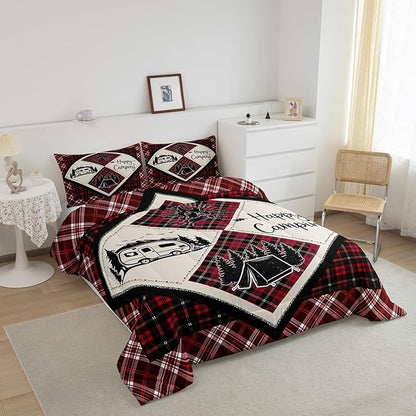 Feelyou Camper Comforter Set Queen Size Kids Happy Camping Comforter for Boys Teens Wood Grain Fire Tree Camper Accessories for Travel Trailers Bedding Set Black Red Duvet Set Room Decor