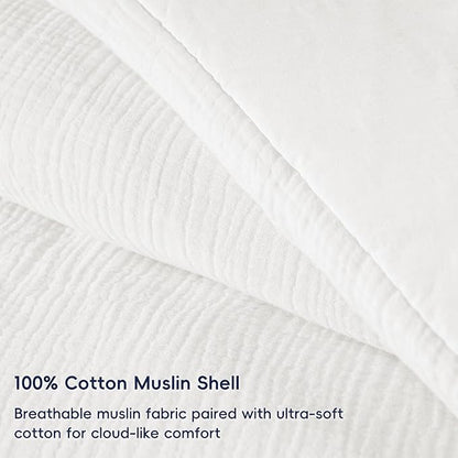 PHF Cotton Muslin Comforter Set King Size, Ultra Soft, Breathable & Lightweight All-Season Bedding, Filling: 100% Polyester, 3 Pieces with 1 Comforter 104"x90" and 2 Pillow Shams 20"x36", White