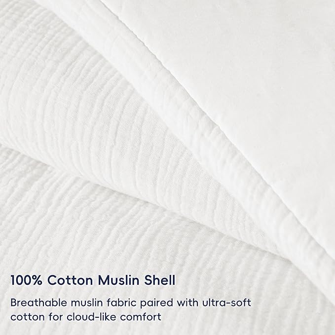 PHF Cotton Muslin Comforter Set Queen Size, Ultra Soft, Breathable & Lightweight All-Season Bedding, Filling: 100% Polyester, 3 Pieces with 1 Comforter 90"x90" and 2 Pillow Shams 20"x26", White