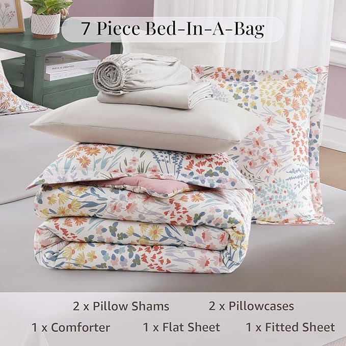 CASAAGUSTO King Comforter Set, 7 PCS Pinkish Floral Comforter Set with Flowers Leaves Pattern, Soft Seersucker Design All Season King Size Bedding Set(102"X90")